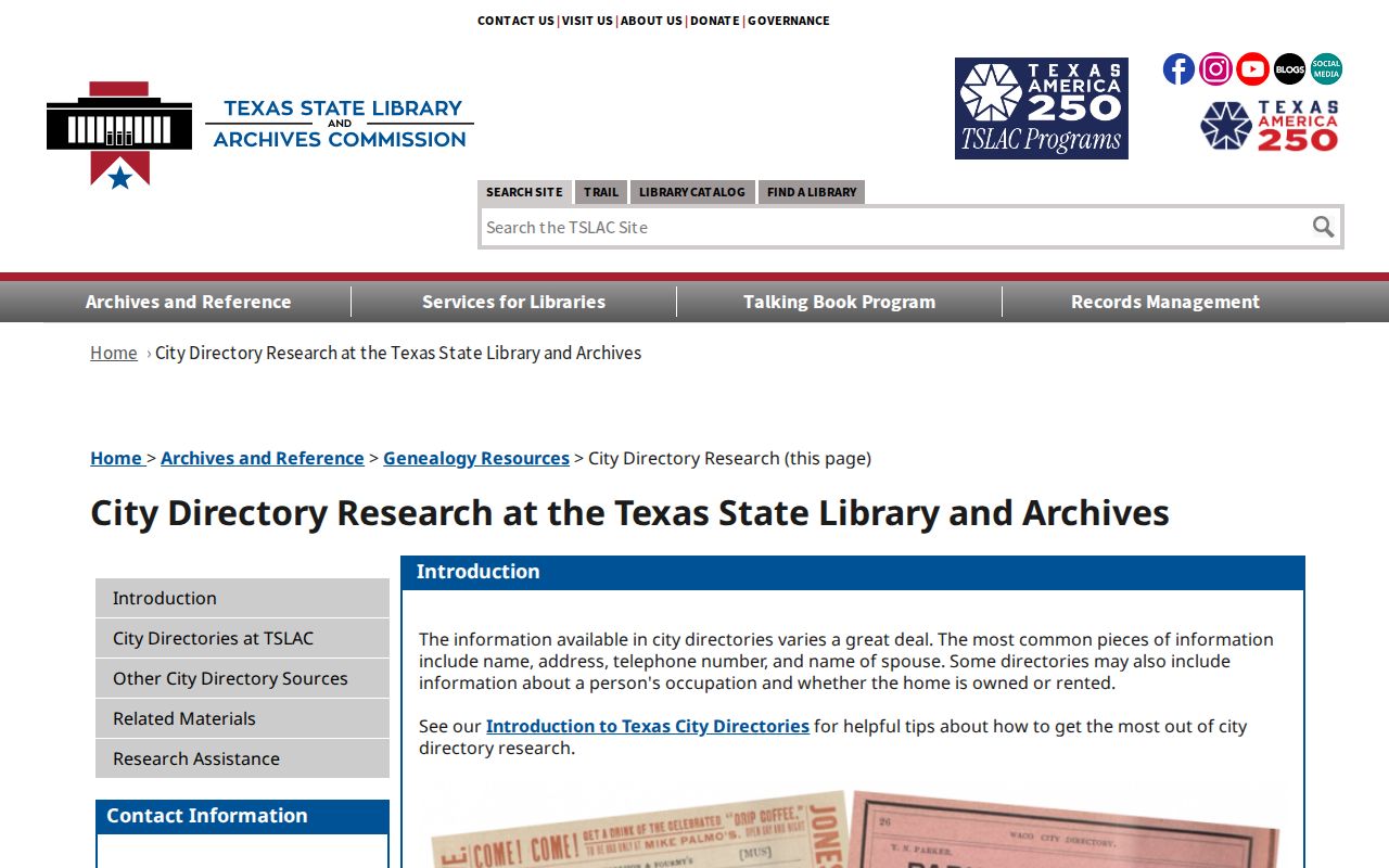 Mission city directory research guidance from TSLAC