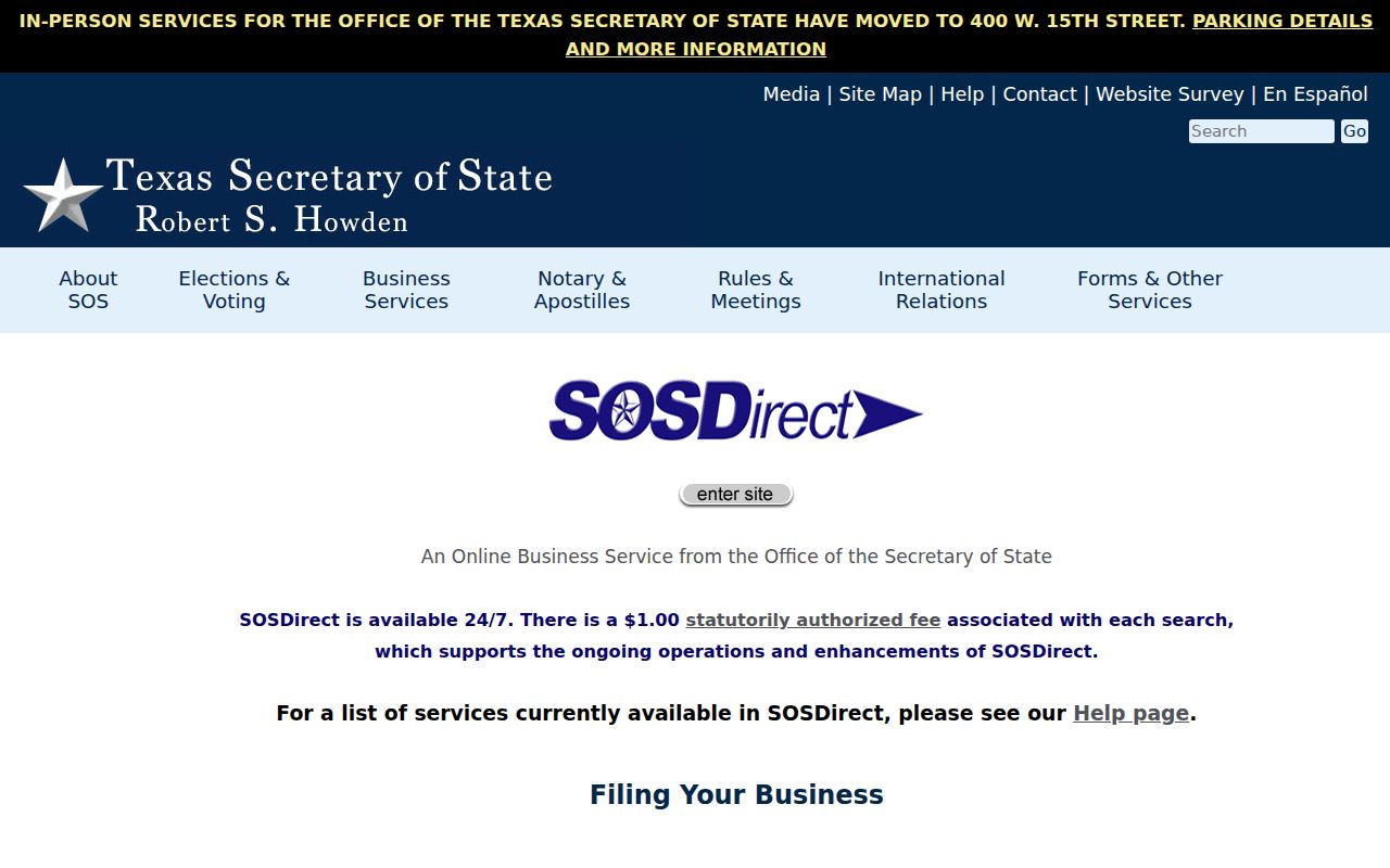Mission residents directory Texas SOSDirect business search entry