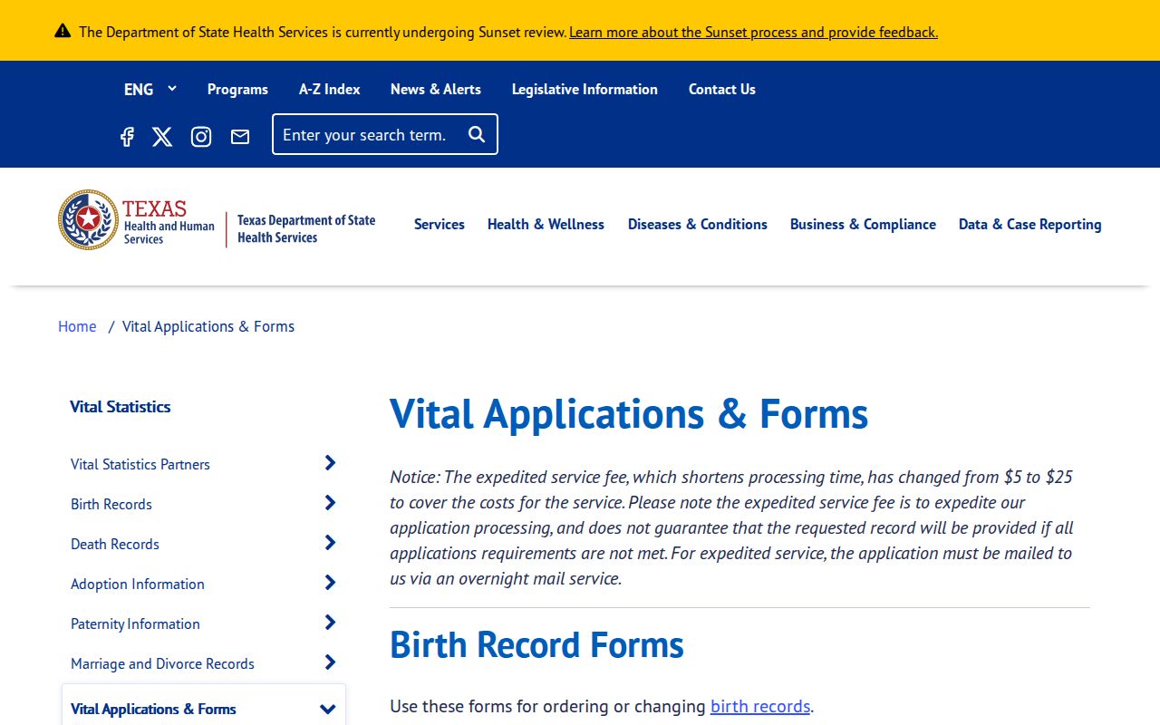 Mission resident lookup through Texas DSHS vital-record form categories