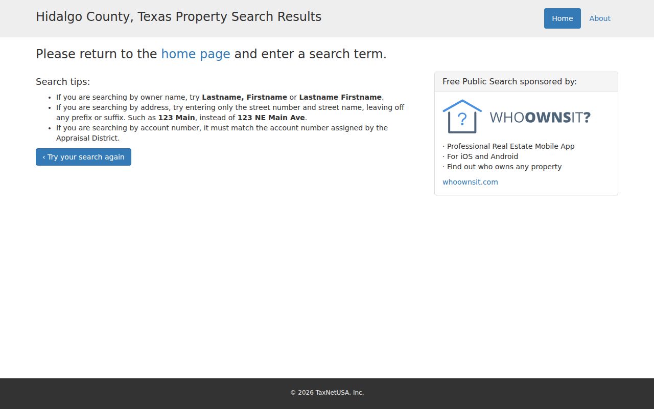 Mission street directory Hidalgo CAD address and owner search guidance