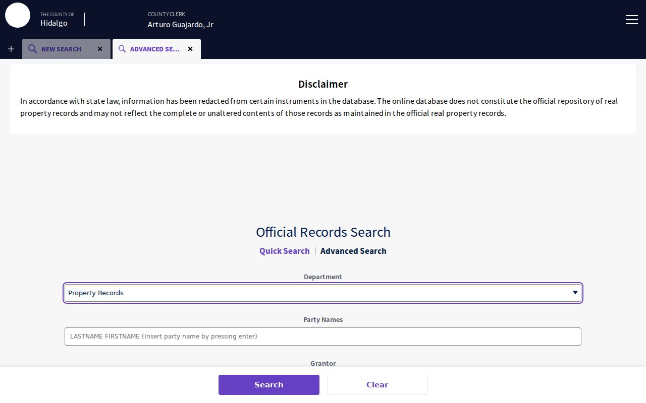 Mission street directory Hidalgo County Clerk advanced deed record search fields